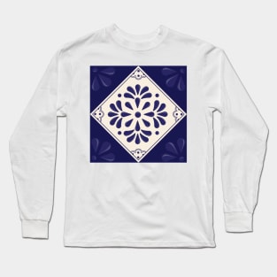 Blue Abstract Floral Talavera Tile by Akbaly Long Sleeve T-Shirt